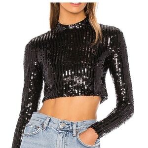 Superdown Tylee Black Long Sleeve Sequin Crop Top Size M